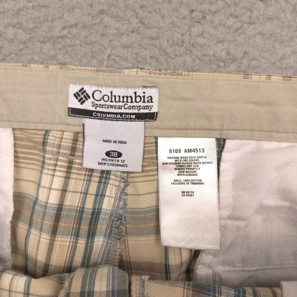 Columbia Plaid Shorts Mens 38 Beige Blue Cotton Casual Outdoor Summer Lightweigh - Picture 7 of 9